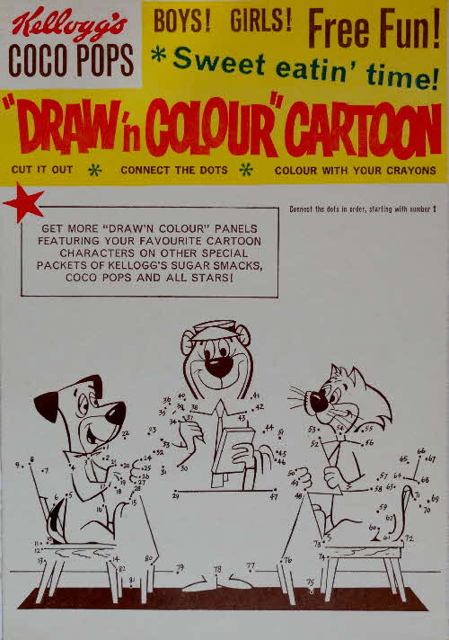 1960s Coco Pops Draw n Colour Cartoon Huckleberry Hound, Mr Jinx & Yogi Bear