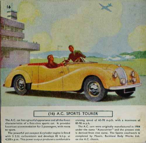 1954 Cornflakes Car Cards No 16 AC Sports Tourer