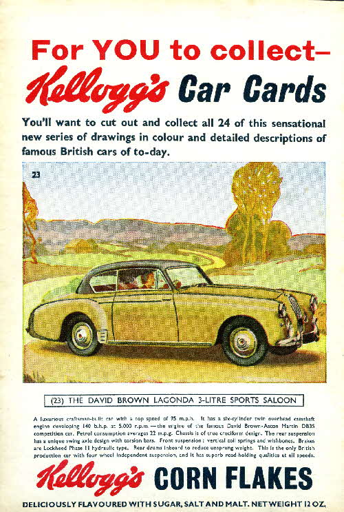 1954 Cornflakes Car Cards No 23 David Brown Lagonda 3 ltr Sports Saloon