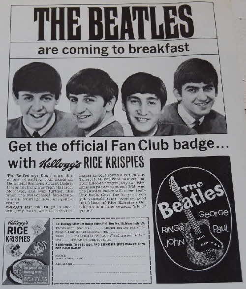 1965 Rice Krispies Beatles Badge Ad