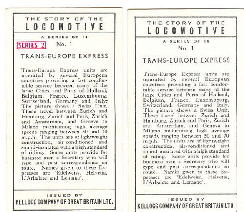 1961 Rice Krispies Story of Locomotive Series 2 variations