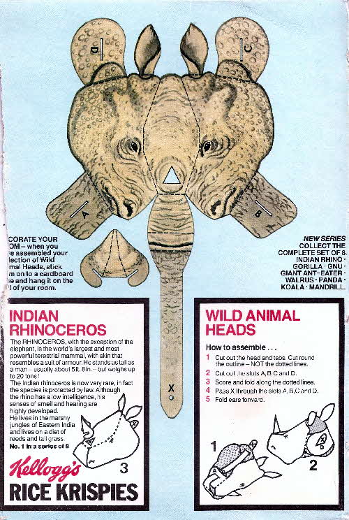 1980 Rice Krispies Wild Animal Heads 2nd series No  1 Rhino