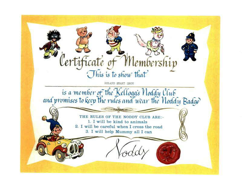 1966 Ricicles Noddy Club certificate