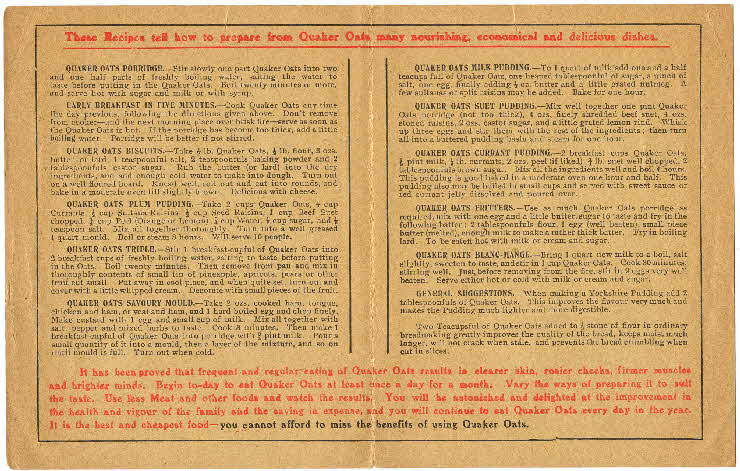 1900s Quaker Oats Recipe leaflet inside