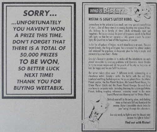 1995 Weetabix Ristar Sega Games competion inside