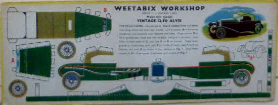 1950s Workshop Vintage Cars Series 11 Weetabix cereal packet cut out offer